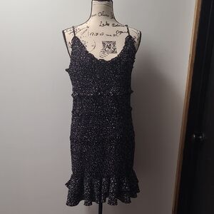 Black And White Smocked Ruffle Hem Spaghetti Strap Mini Dress